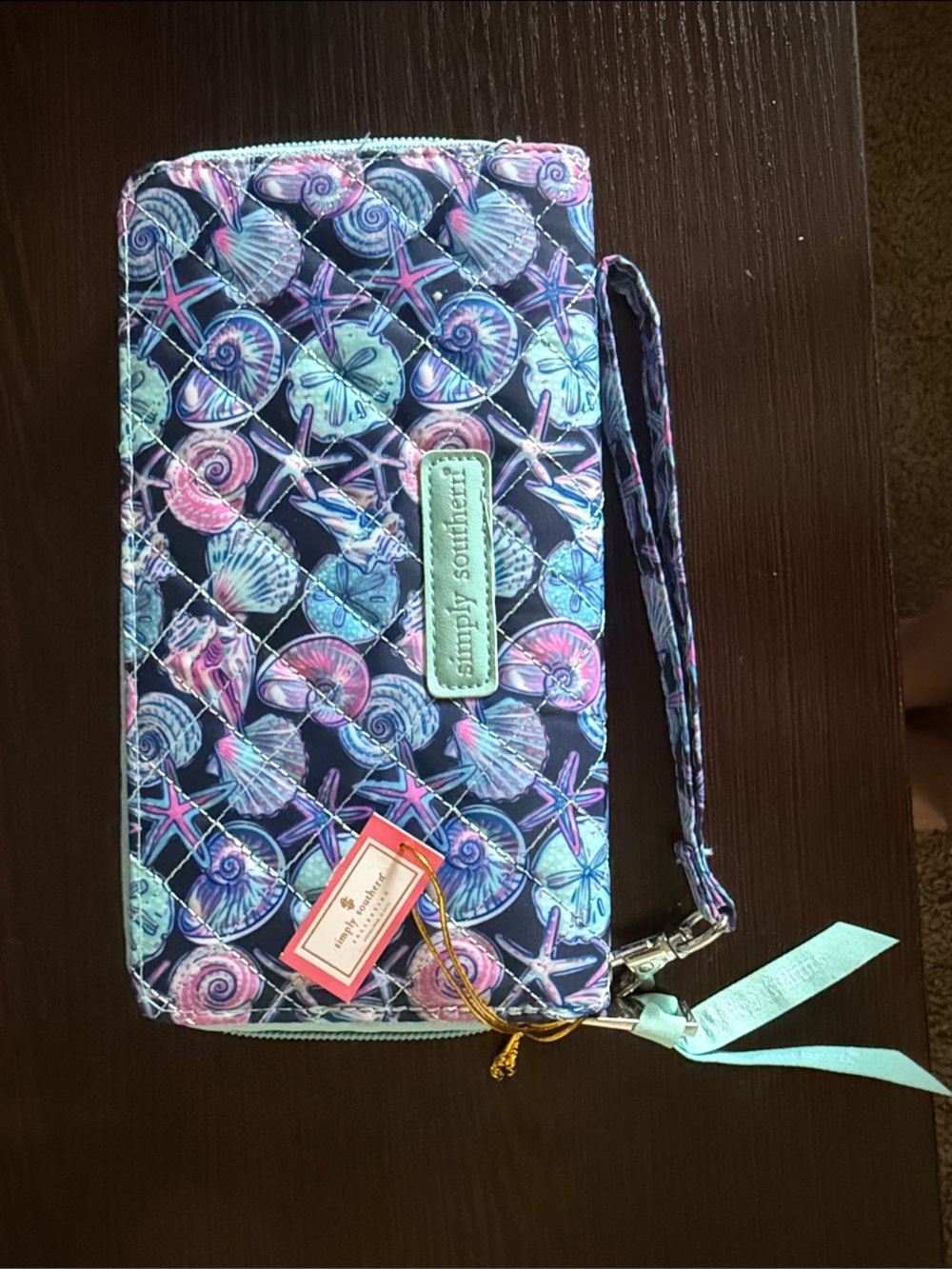 Simply Southern Navy, Aqua & Pink Seashell Quilted Wristlet